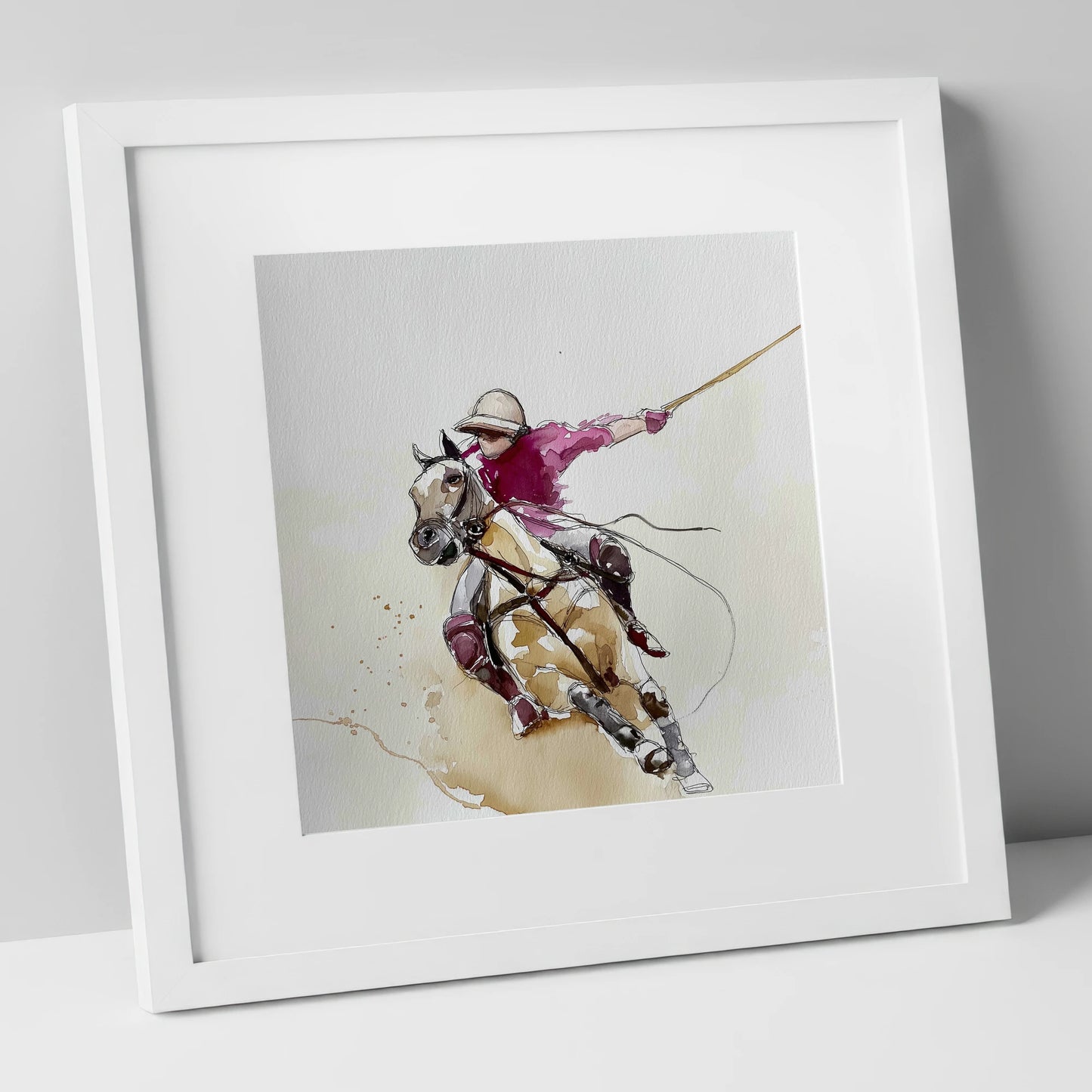 The Decisive Swing polo horse art print in white frame
