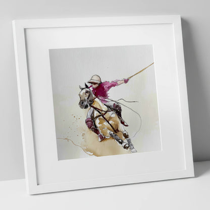 The Decisive Swing polo horse art print in white frame