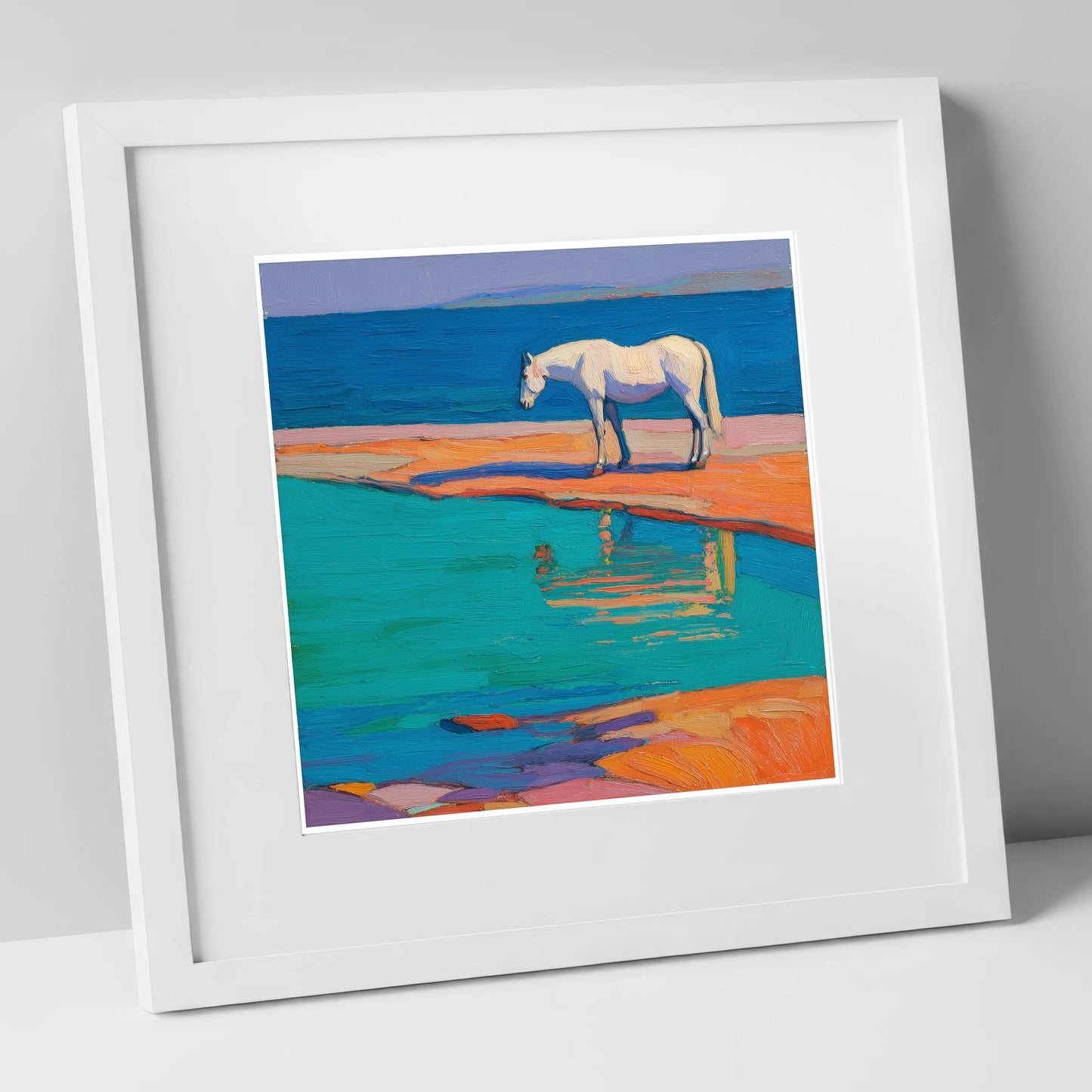 Turquoise Tide Reflections beach horse art print in white frame