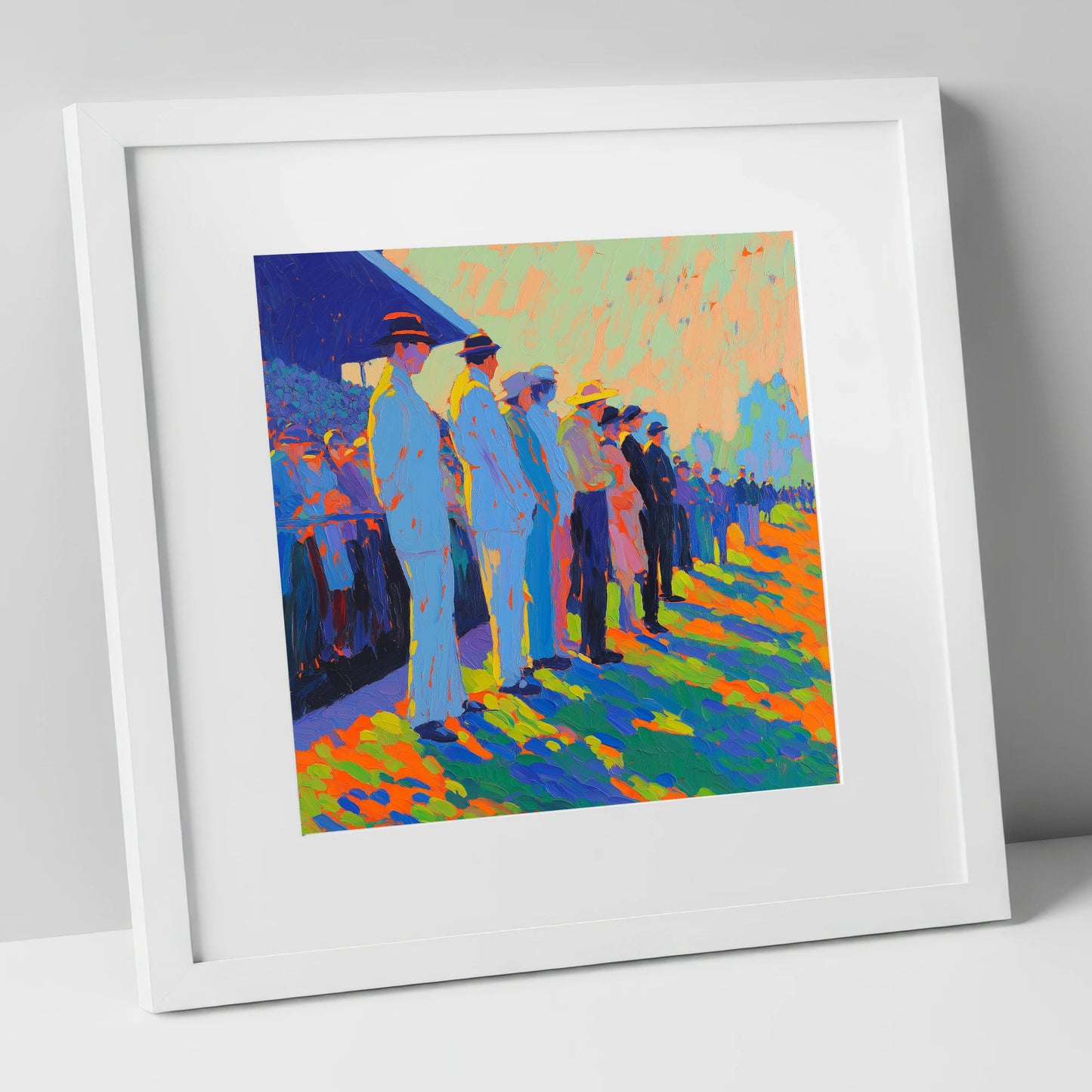 Trackside Anticipation racing horse art print in white frame