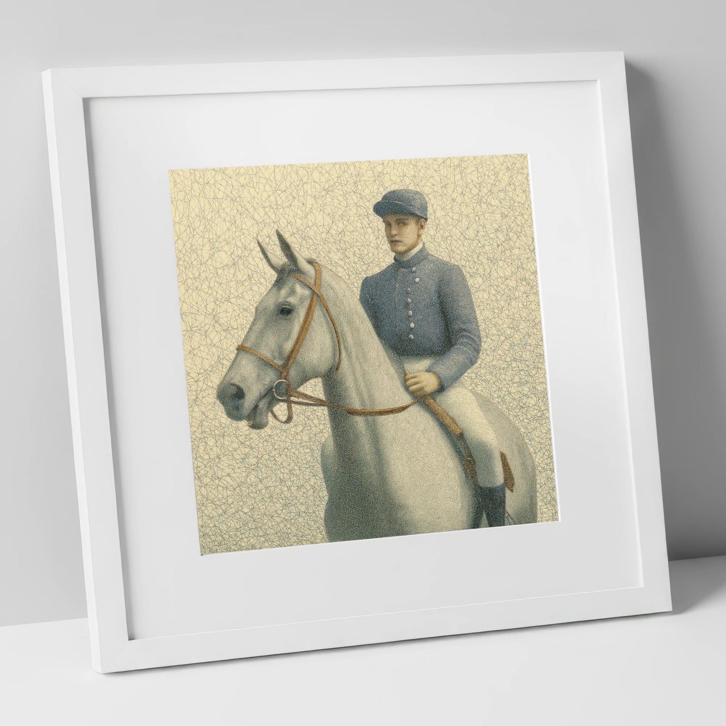 The Slate Silks racing horse art print in white frame