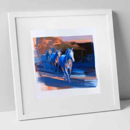 Cobalt Dawn Herd wild horses art print in white frame