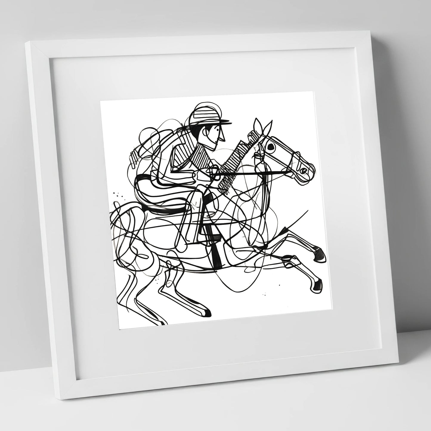 The Abstract Sprint racing horse art print in white frame