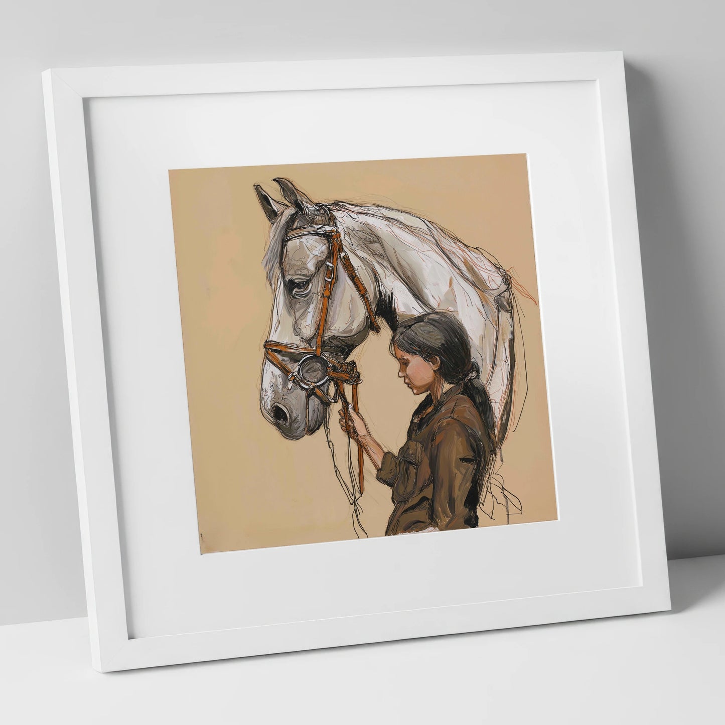 Quiet Connection horse & rider art print in white frame