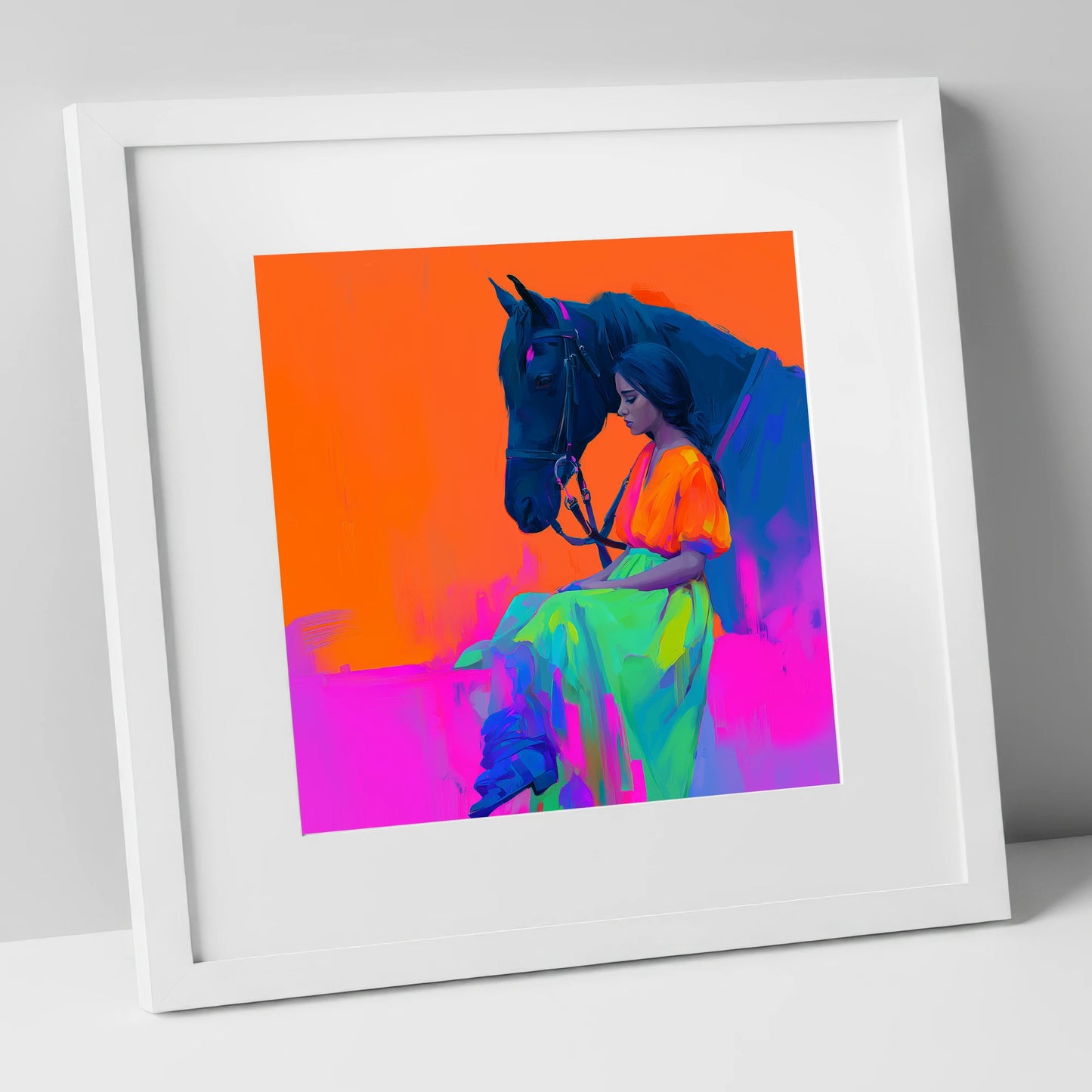 Vivid Connection horse & rider art print in white frame