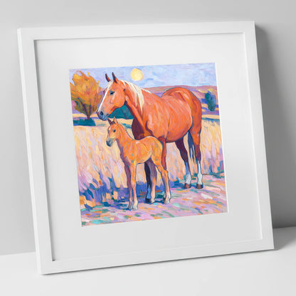Radiant Chestnut Bond mare & foal art print in white frame