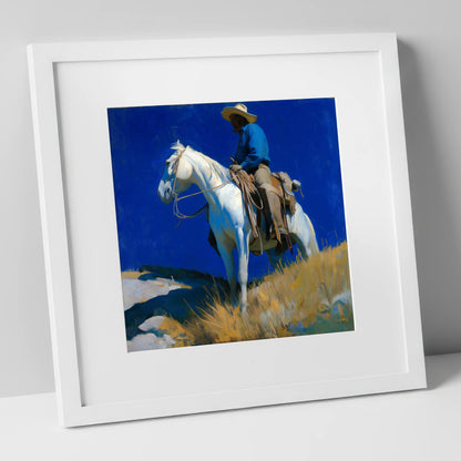 Cobalt Sky Rider western horse art print in white frame