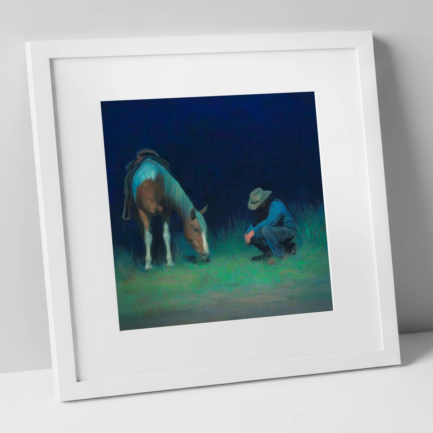 Under An Indigo Sky horse & rider art print in white frame