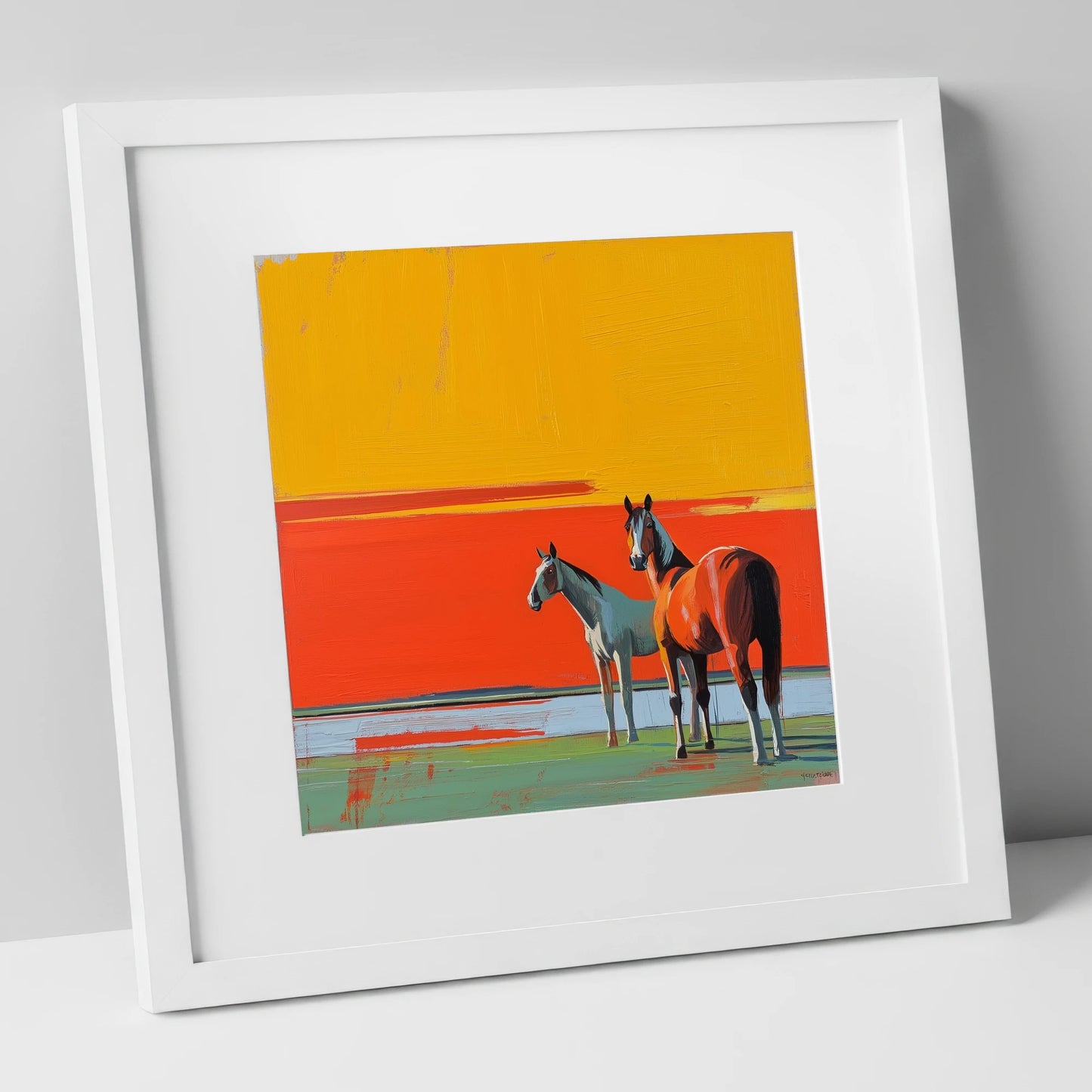 Golden Horizon Companions horse landscape art print in white frame
