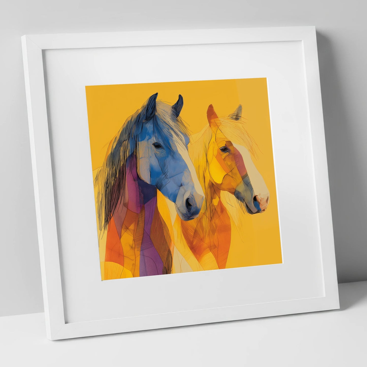 Prismatic Companions horse landscape art print in white frame