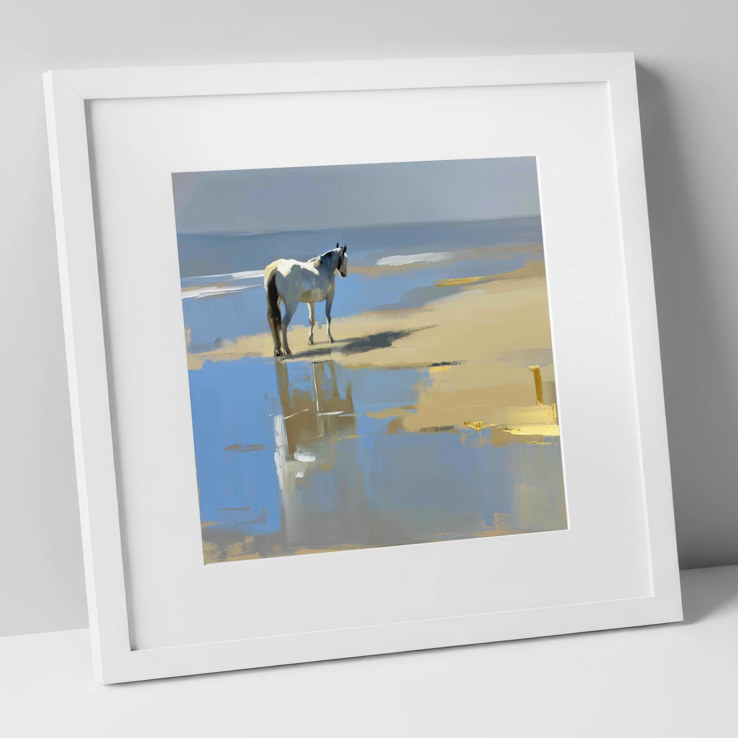 Shoreline Solitude horse landscape art print in white frame