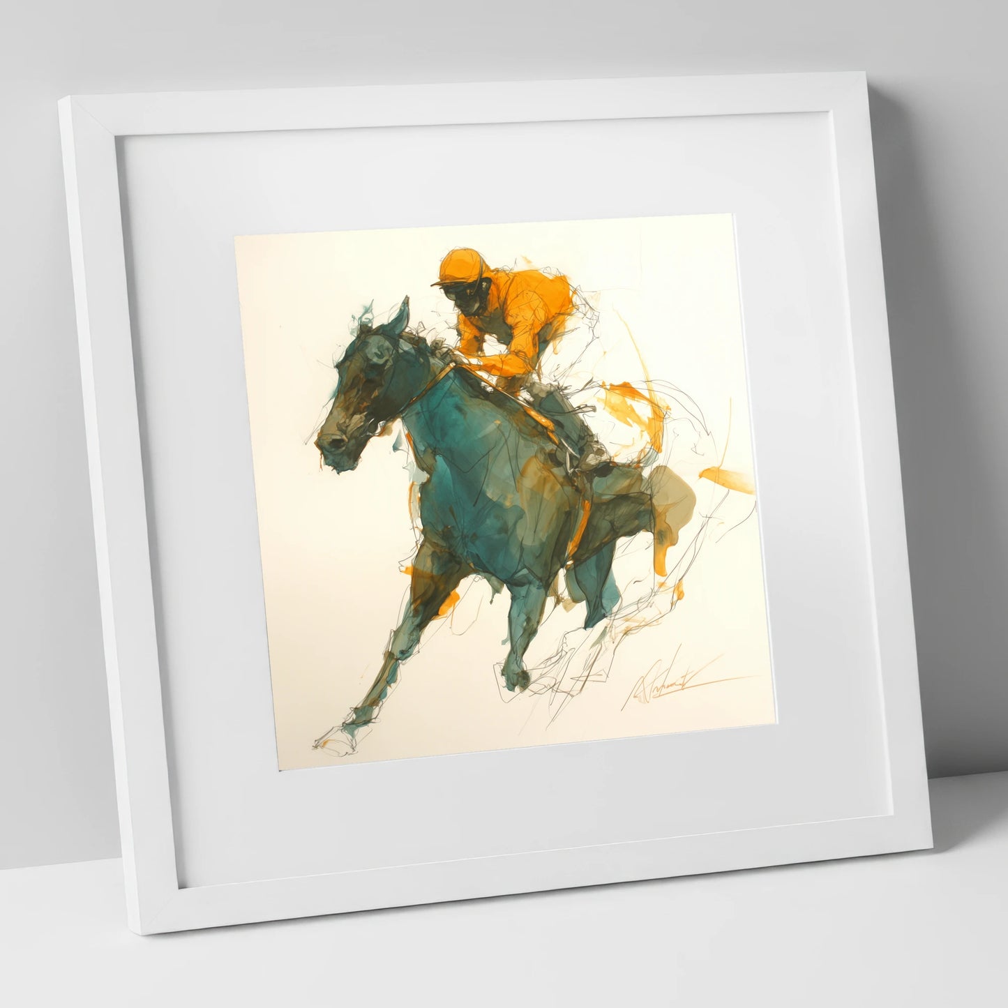 Amber Silks at Speed racing horse art print in white frame