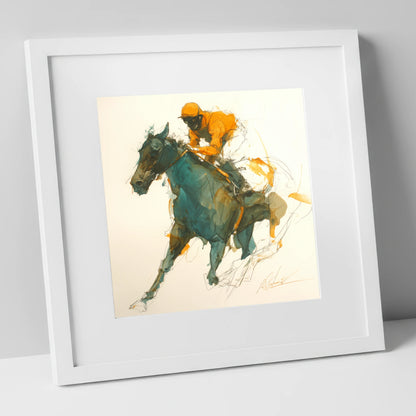 Amber Silks at Speed racing horse art print in white frame