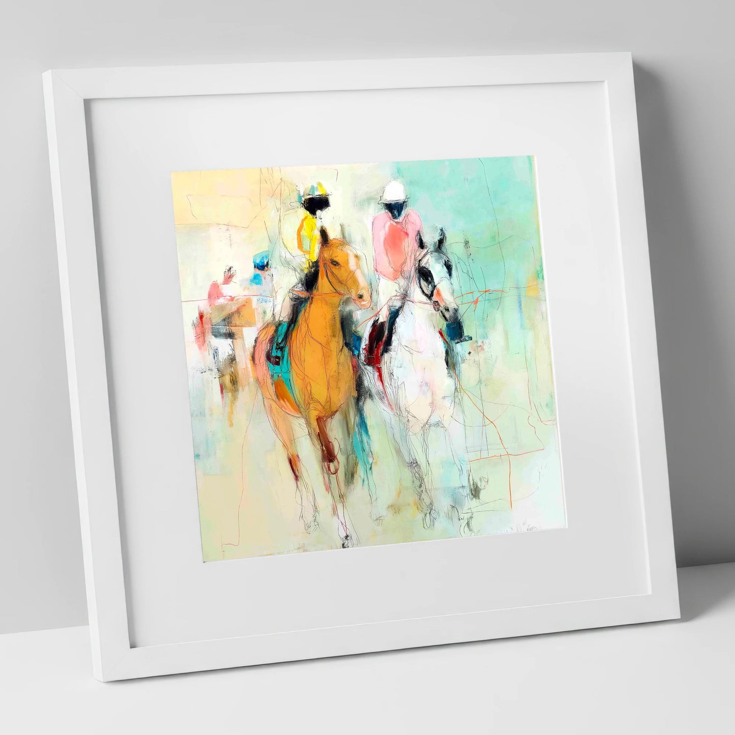 Echoes of the Turf racing horse art print in white frame