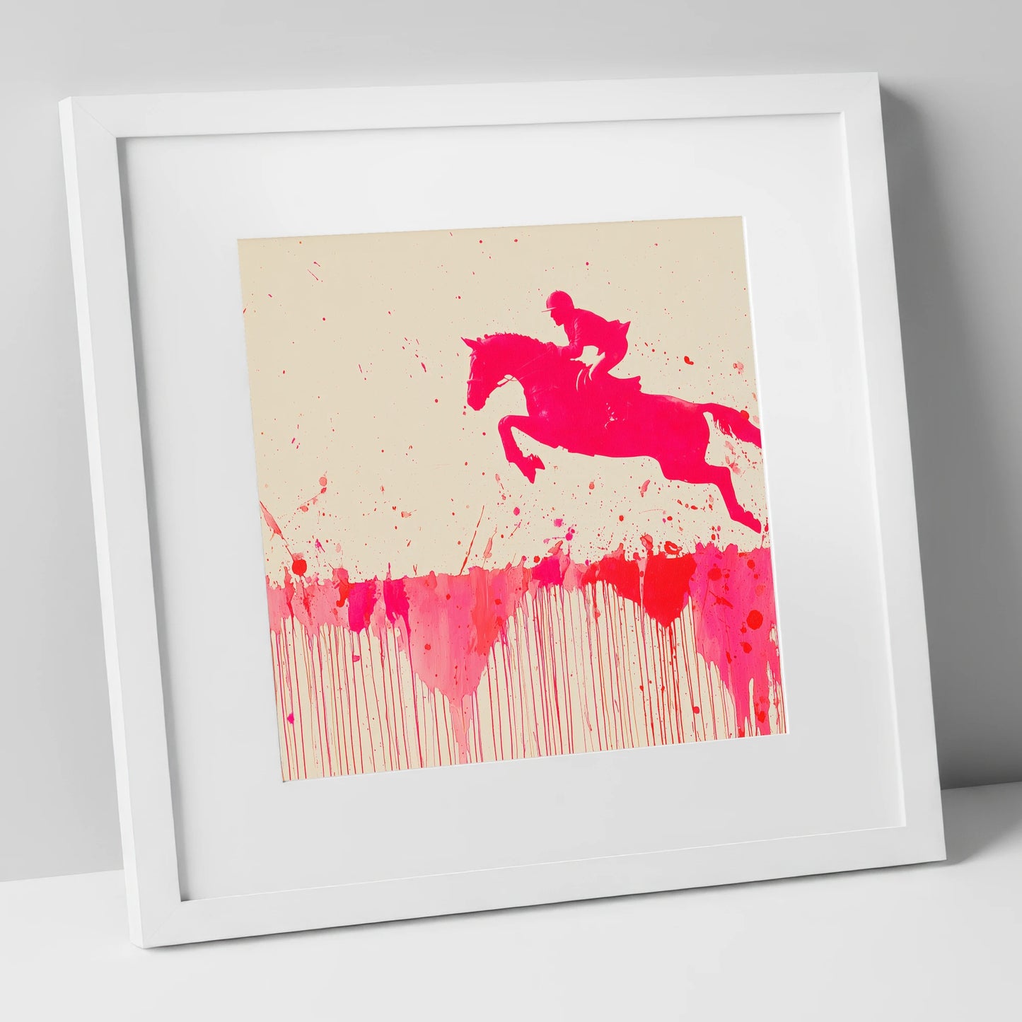 Magenta Flight show jumping horse art print in white frame