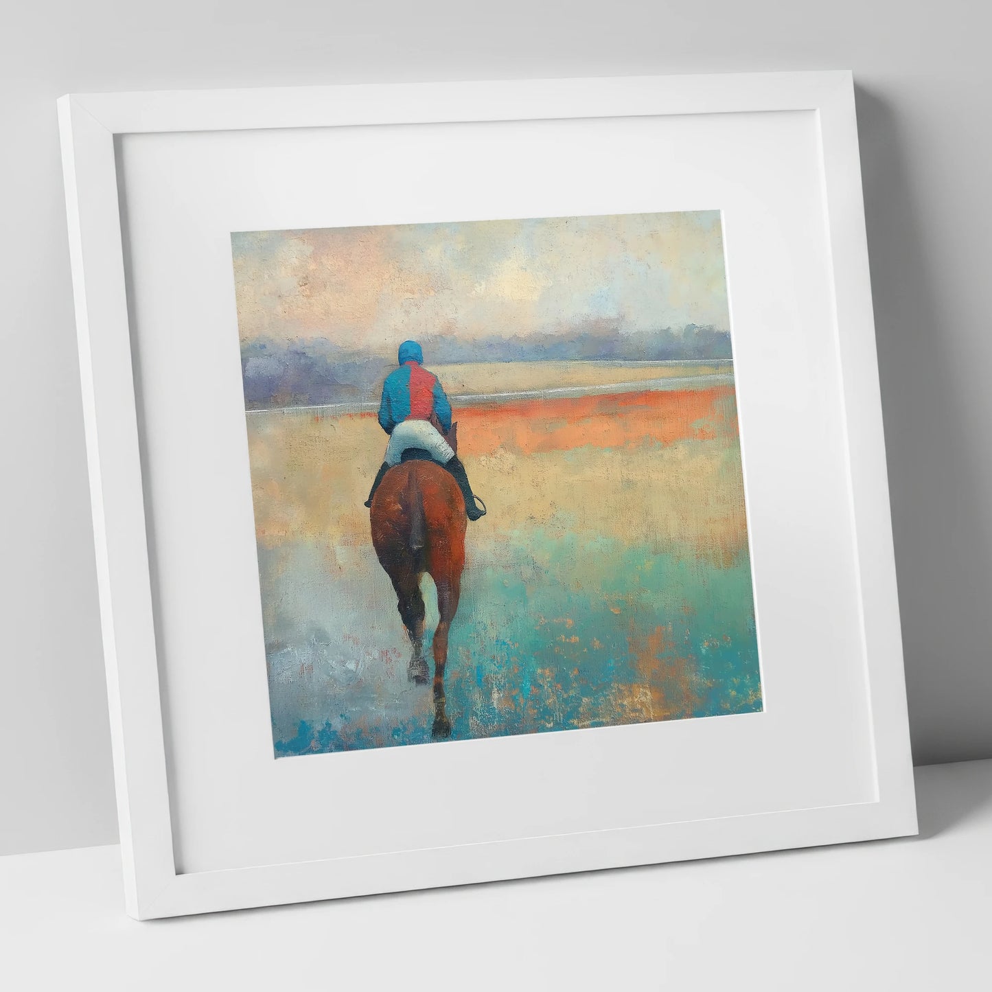 Towards the Start racing horse art print in white frame