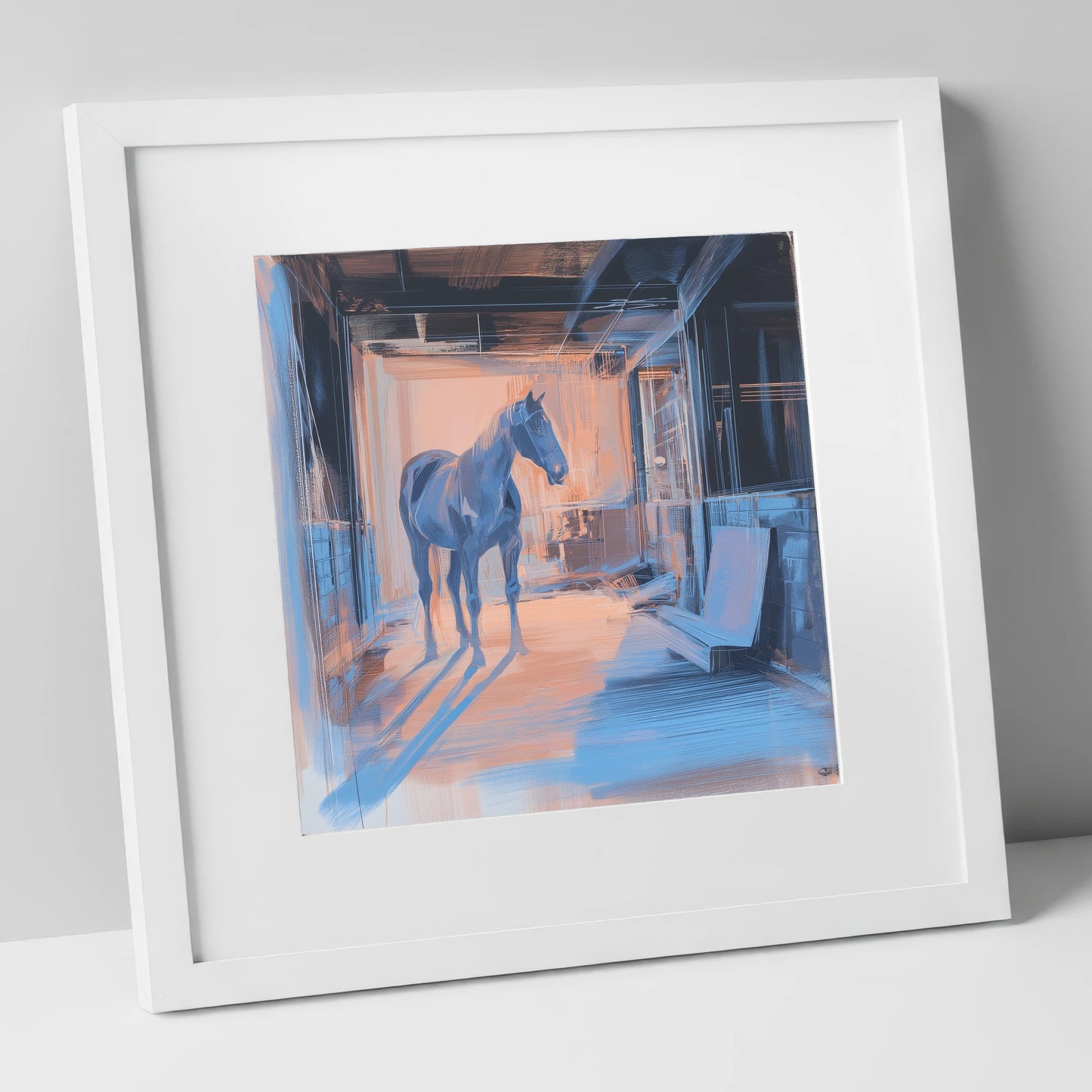The Quiet Aisle horse stable art print in white frame