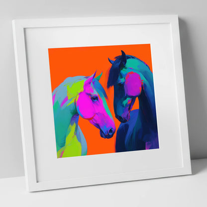 Chromatic Encounter horse portrait art print in white frame