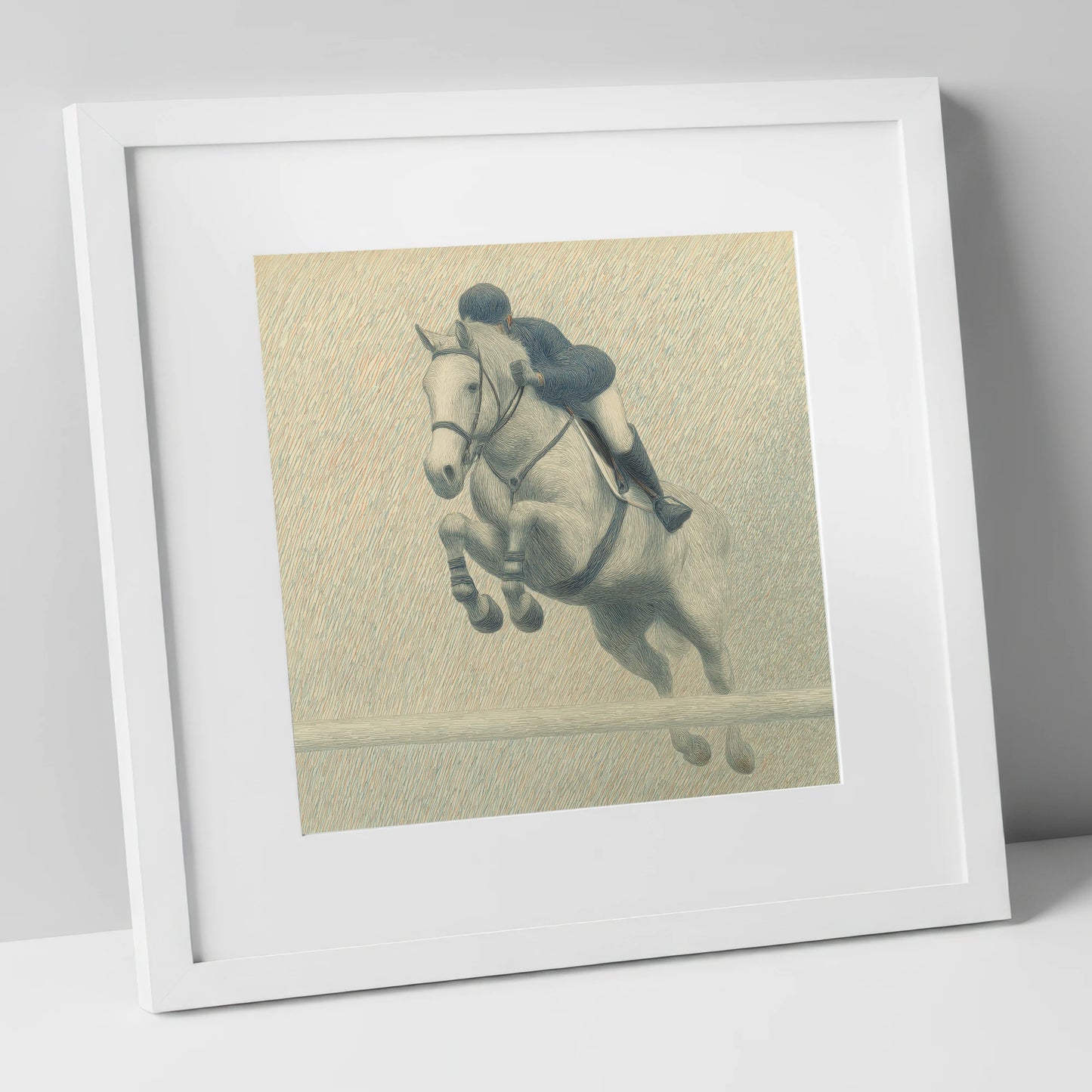 Elegance in Flight show jumping horse art print in white frame