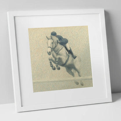Elegance in Flight show jumping horse art print in white frame