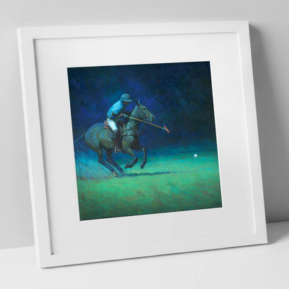 Midnight Chukka polo horse art print in white frame