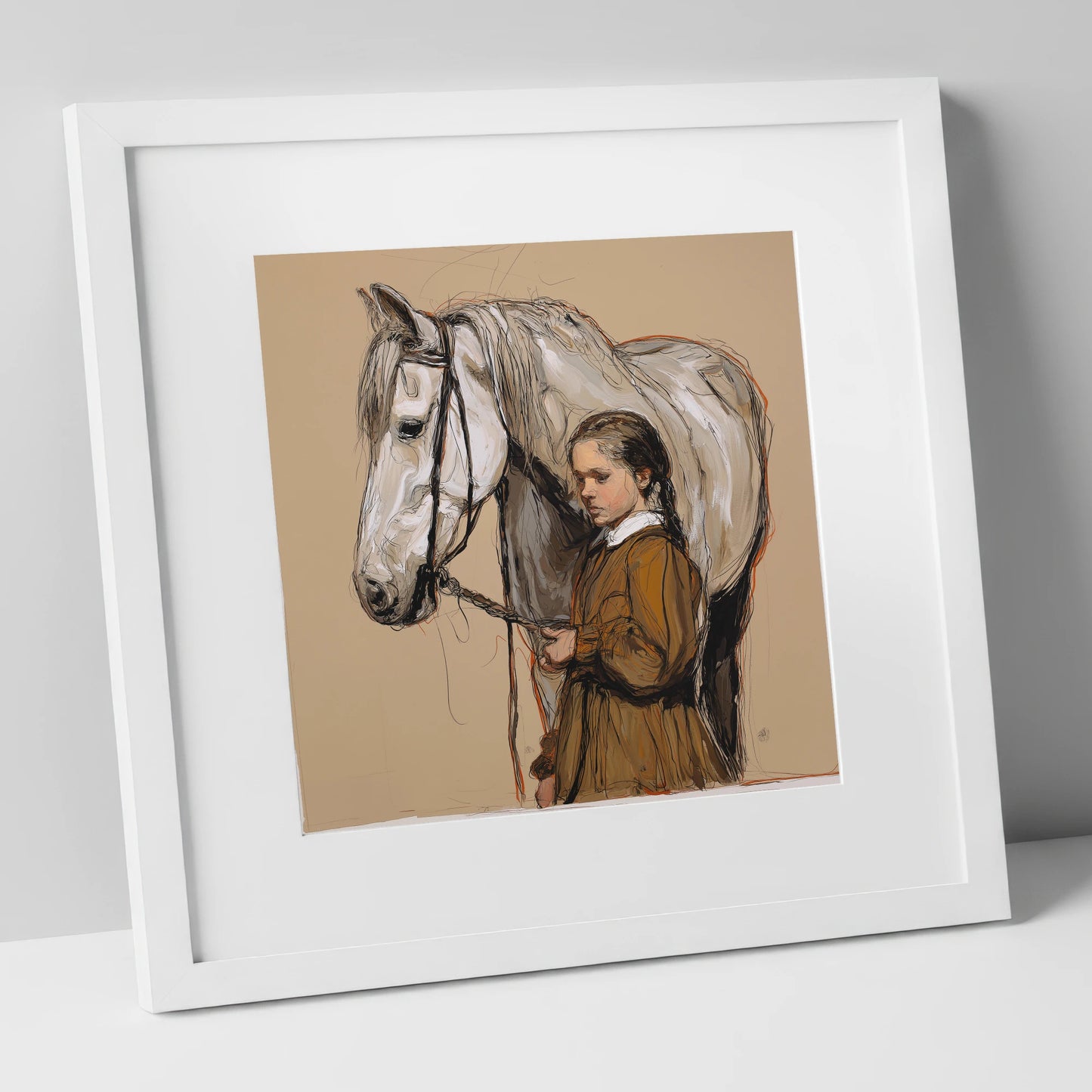 Gentle Guidance horse & rider art print in white frame