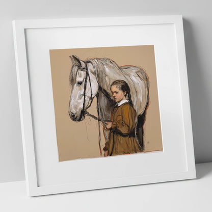 Gentle Guidance horse & rider art print in white frame