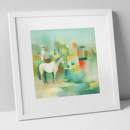 Abstract Urban Equine horse landscape art print in white frame