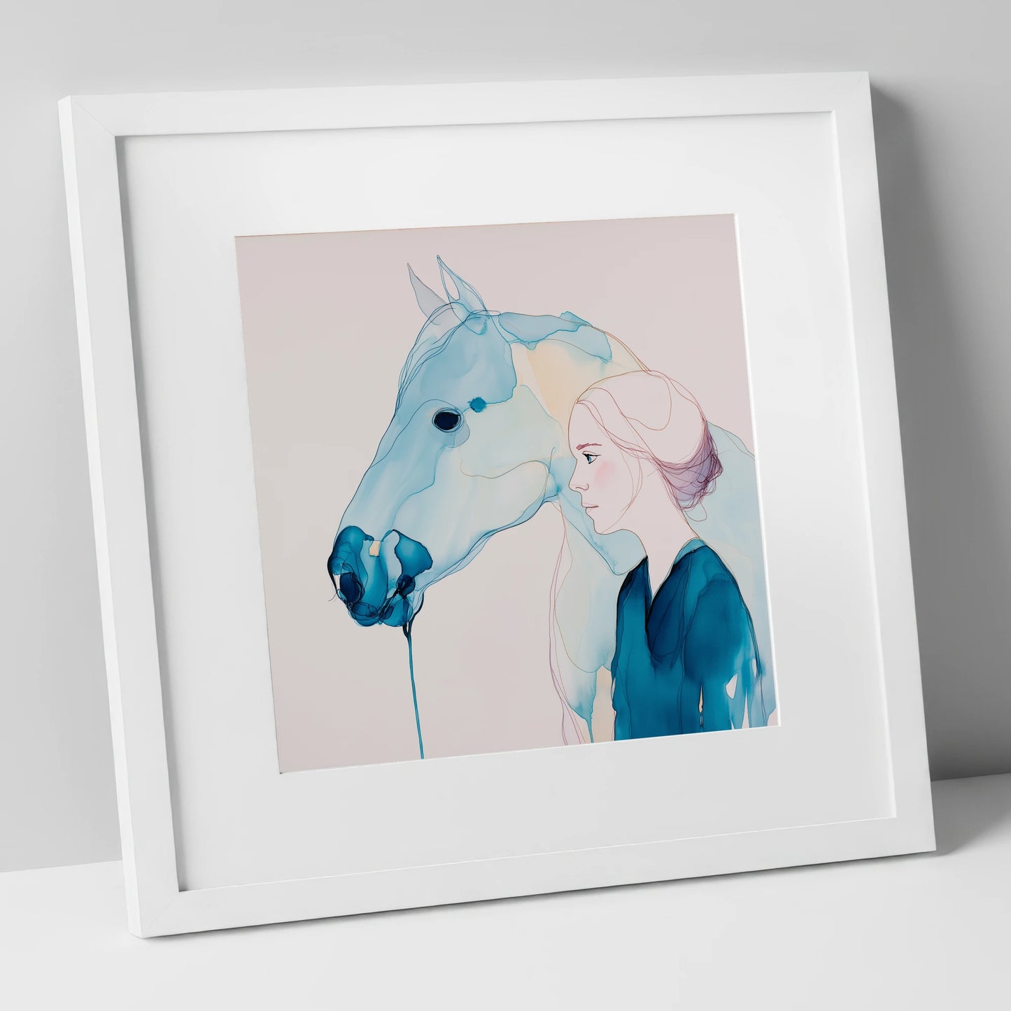 Cerulean Soulmates horse & rider art print in white frame