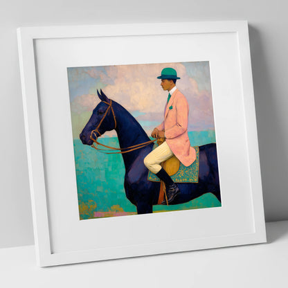 The Vivid Rider racing horse art print in white frame