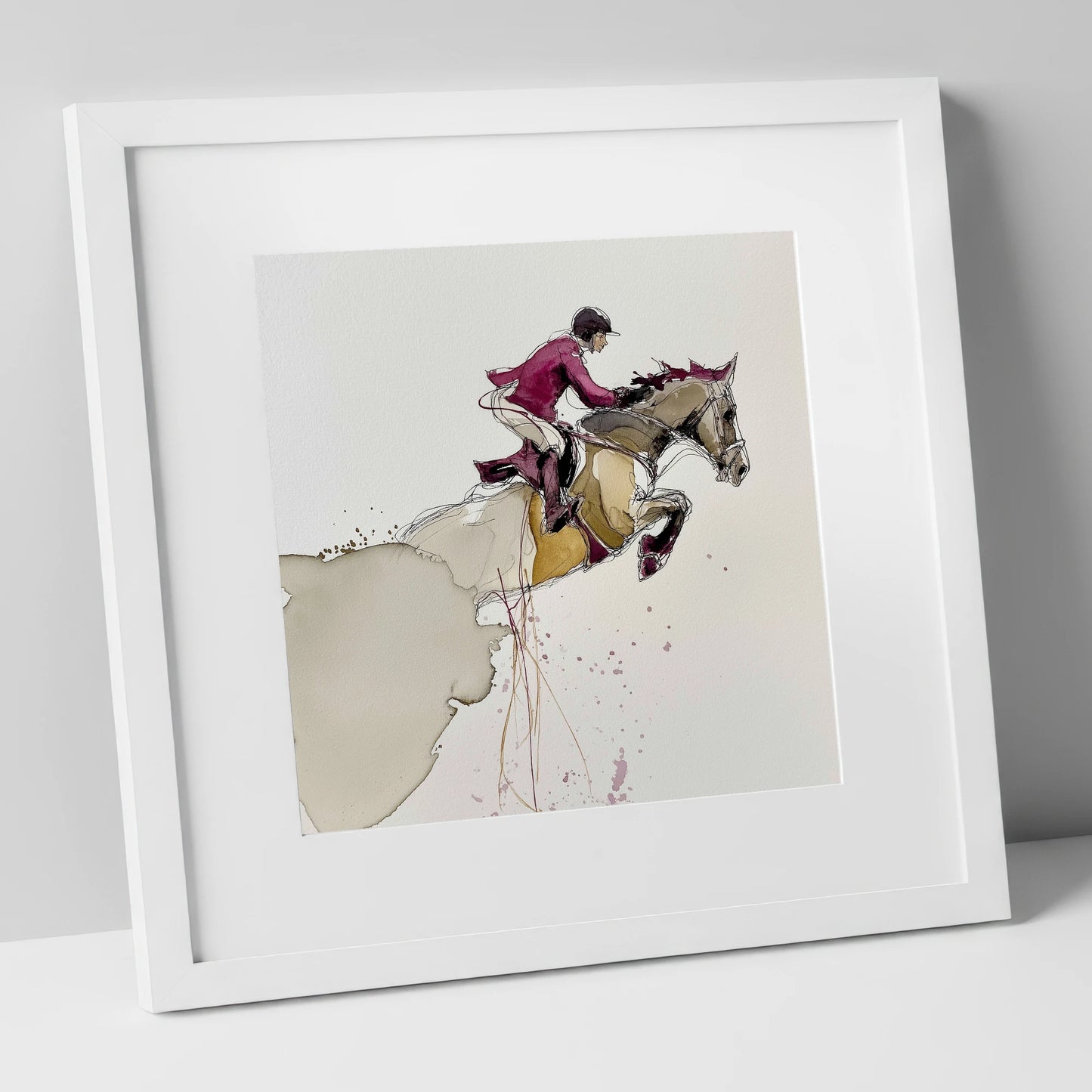 Burgundy Flight show jumping horse art print in white frame
