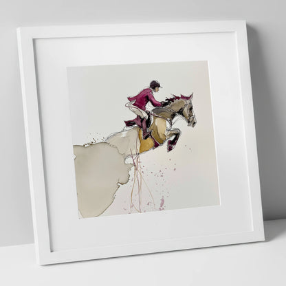 Burgundy Flight show jumping horse art print in white frame