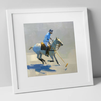 The Blue Chukka polo horse art print in white frame