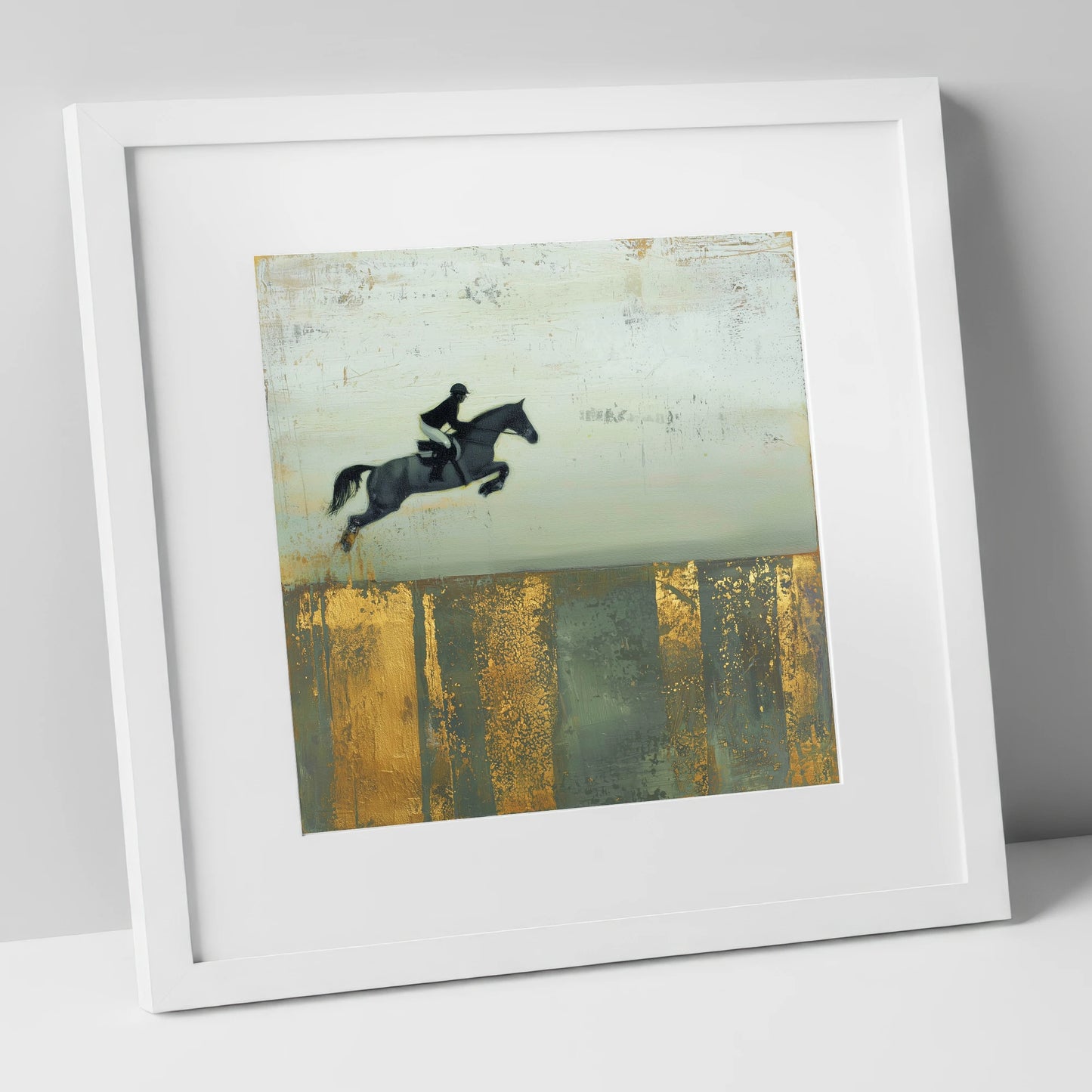 Flight Over Gold show jumping horse art print in white frame