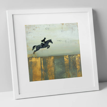 Flight Over Gold show jumping horse art print in white frame