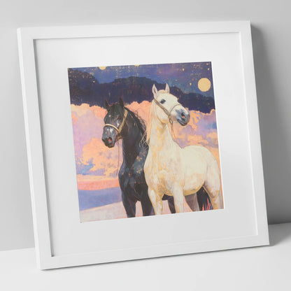 Midnight and Dawn horse landscape art print in white frame
