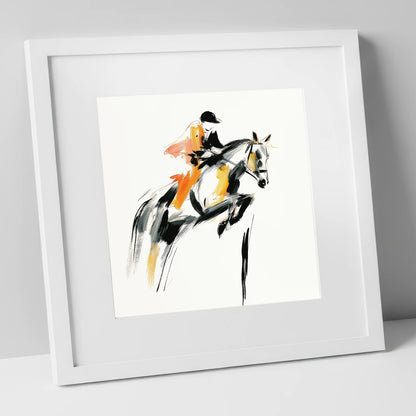Amber Ascent show jumping horse art print in white frame
