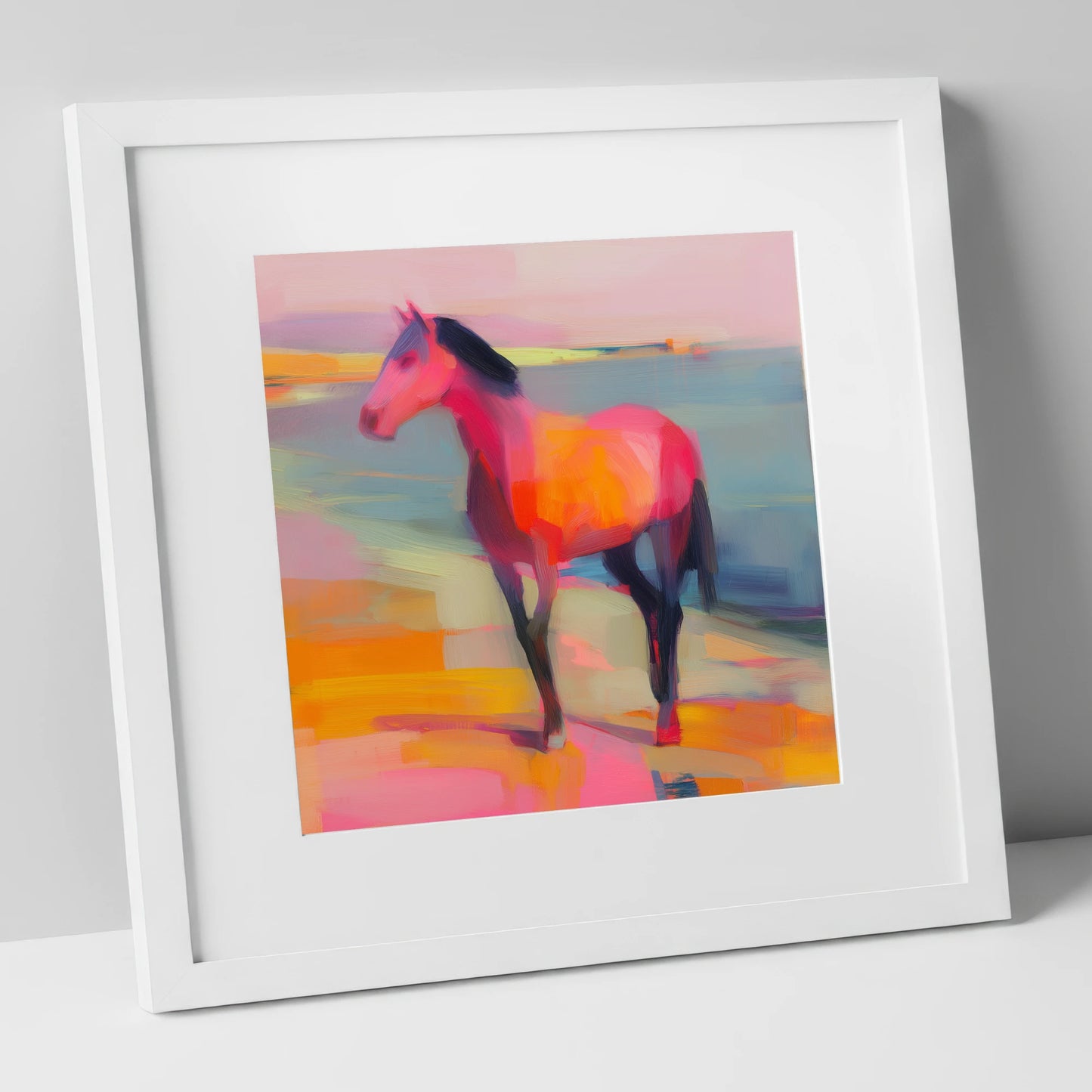 Vivid Shoreline Sentinel horse landscape art print in white frame
