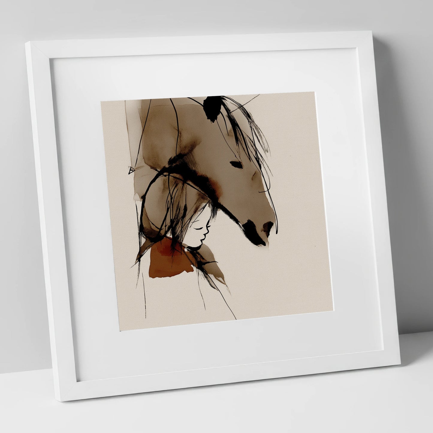 The Quiet Bond horse & rider art print in white frame