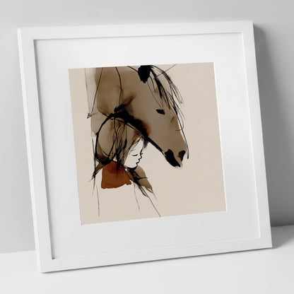 The Quiet Bond horse & rider art print in white frame