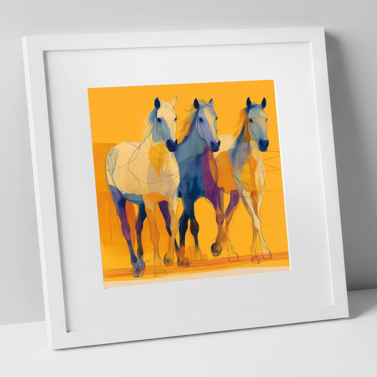 Vivid Strides in Gold horse landscape art print in white frame