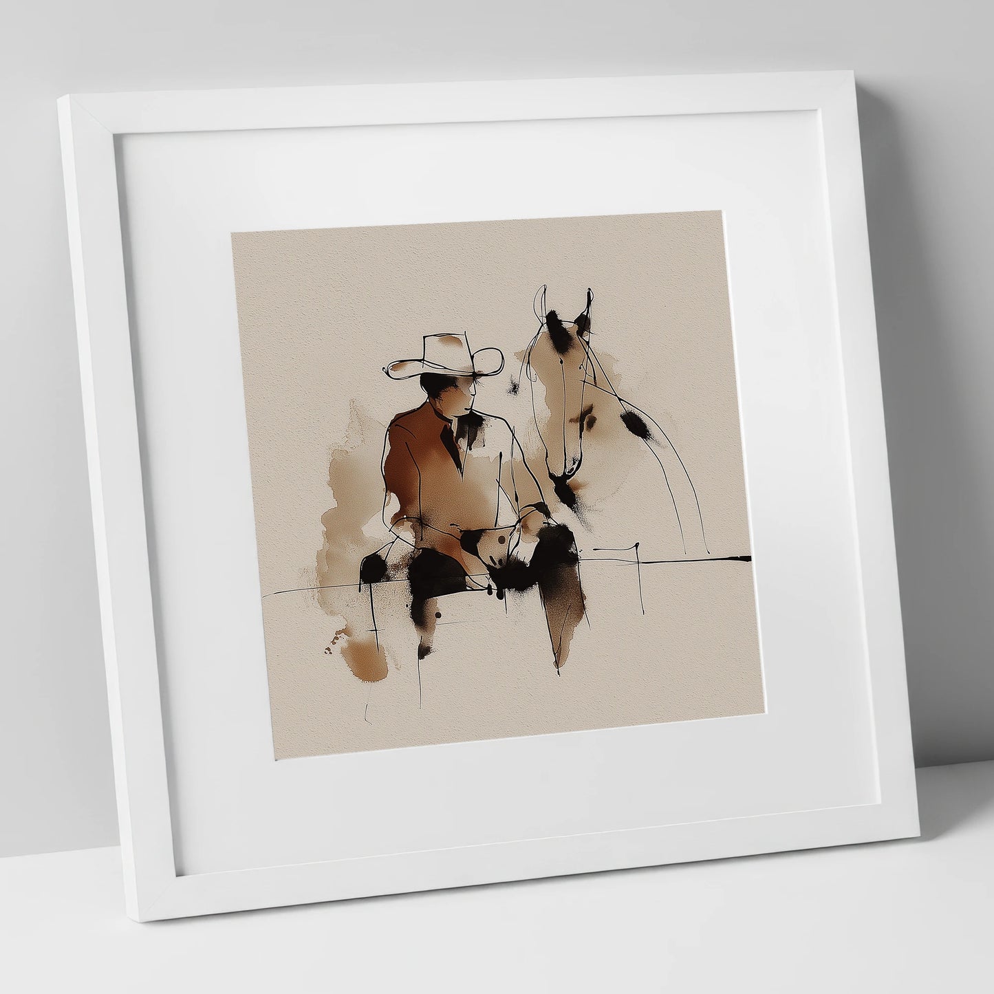 The Cowboy's Rest western horse art print in white frame