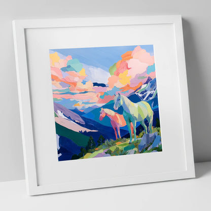 Technicolour Alpine Ridge horse landscape art print in white frame