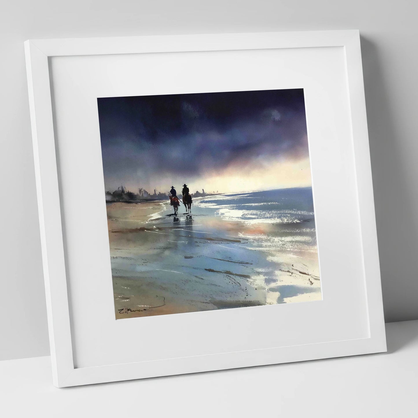 Shadows on the Shore horse landscape art print in white frame