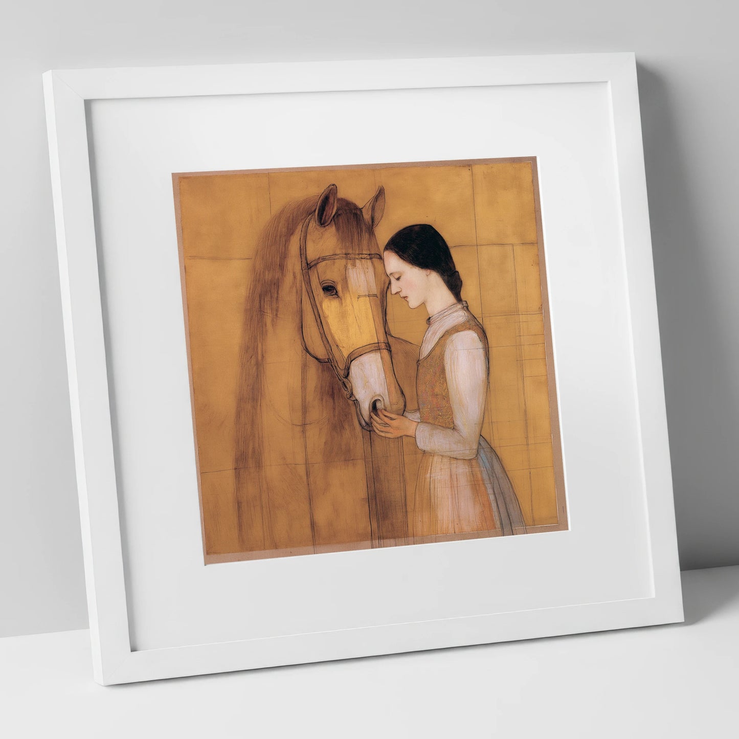 Quiet Connection horse & rider art print in white frame