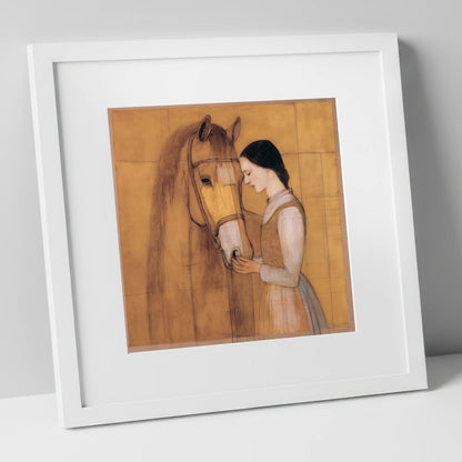 Quiet Connection horse & rider art print in white frame