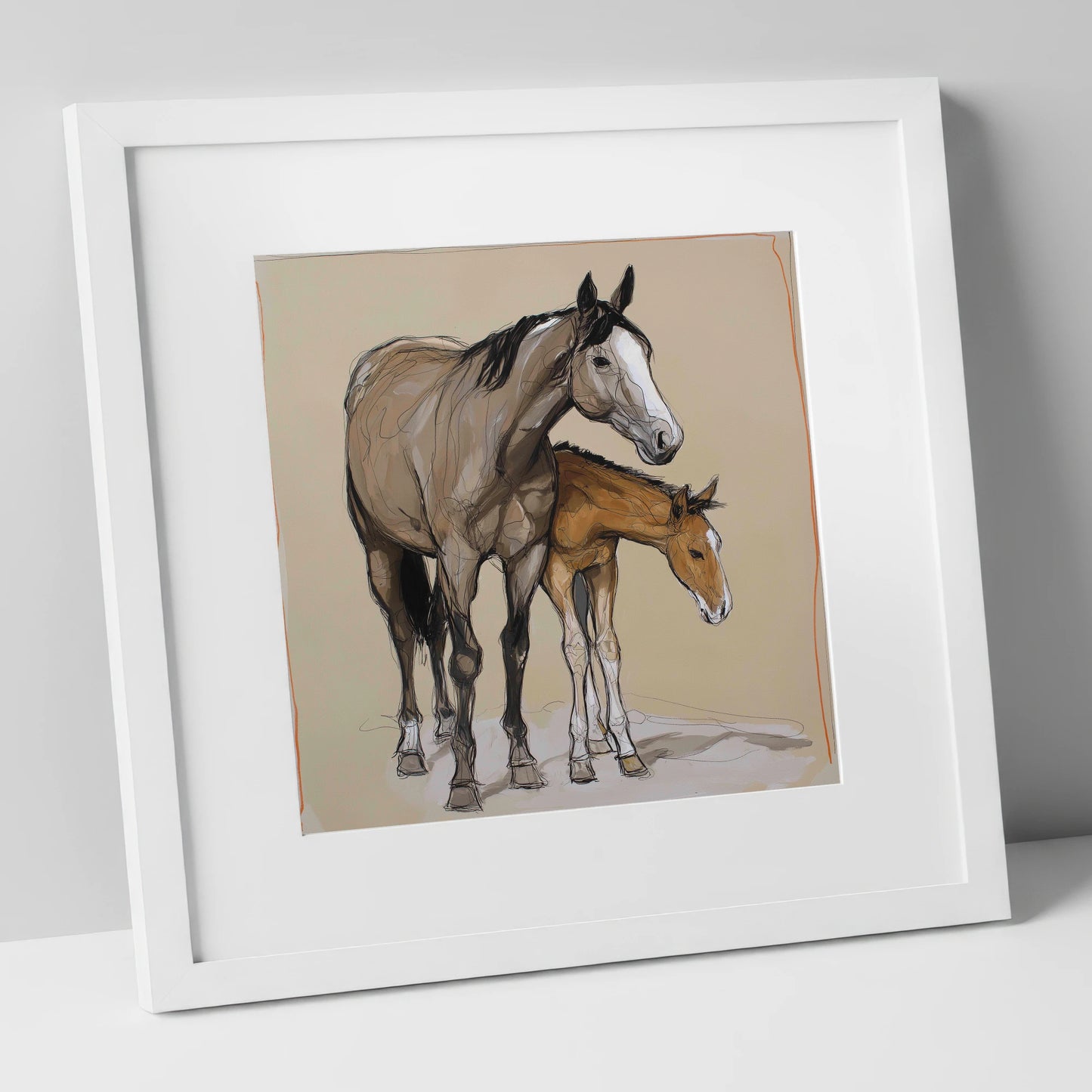 A Quiet Bond mare & foal art print in white frame