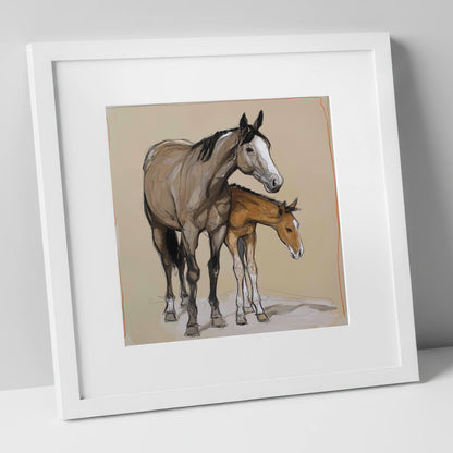 A Quiet Bond mare & foal art print in white frame