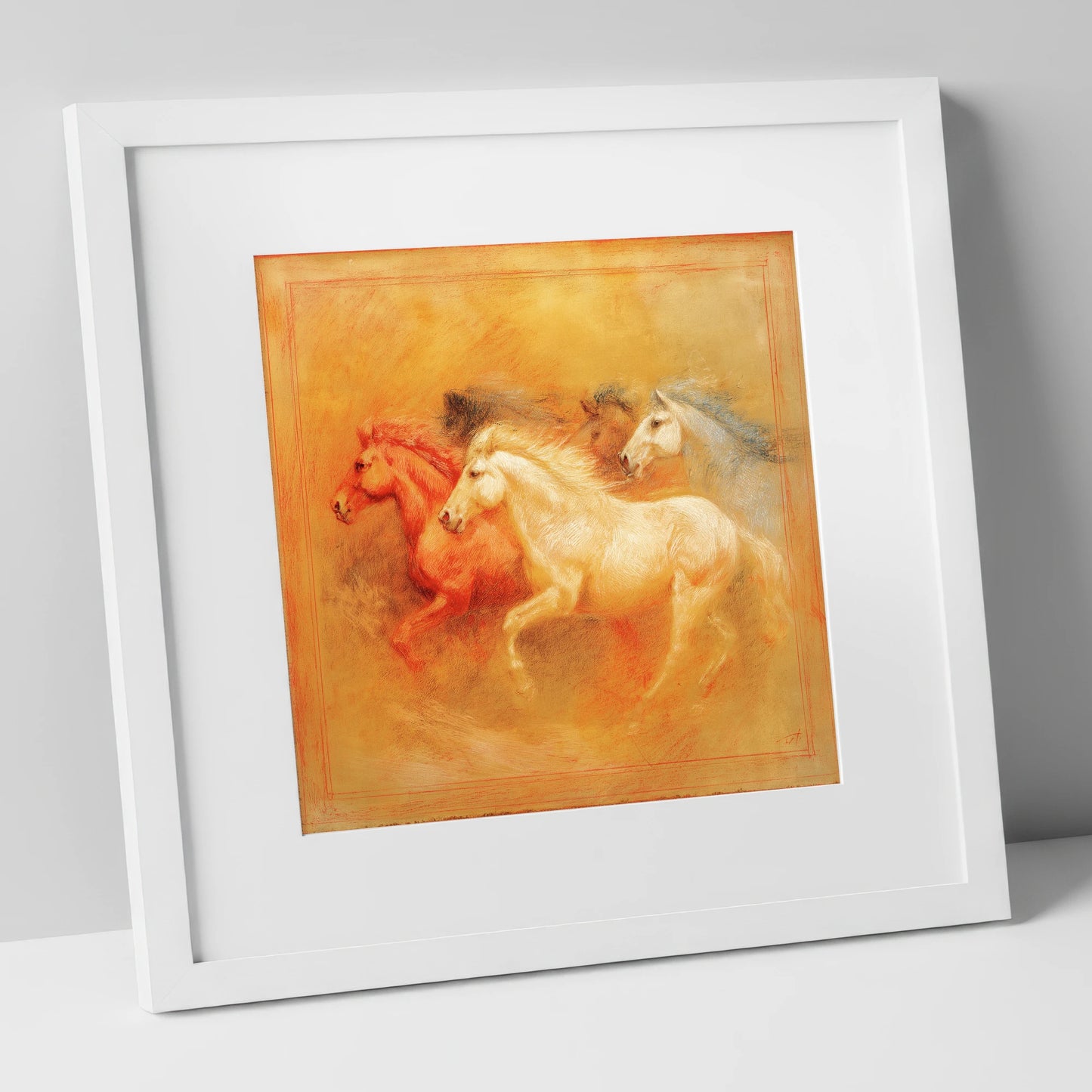 Spirited Terracotta Herd wild horses art print in white frame