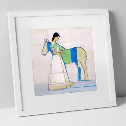 Quiet Blue Bond horse & rider art print in white frame
